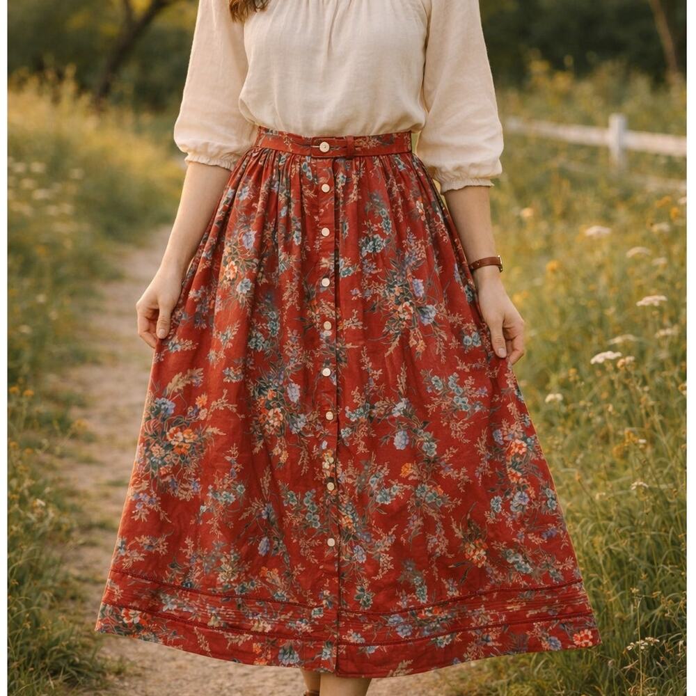 Lauren Ralph Lauren Red Floral Button Front Midi Skirt 16W Cottagecore Prairie